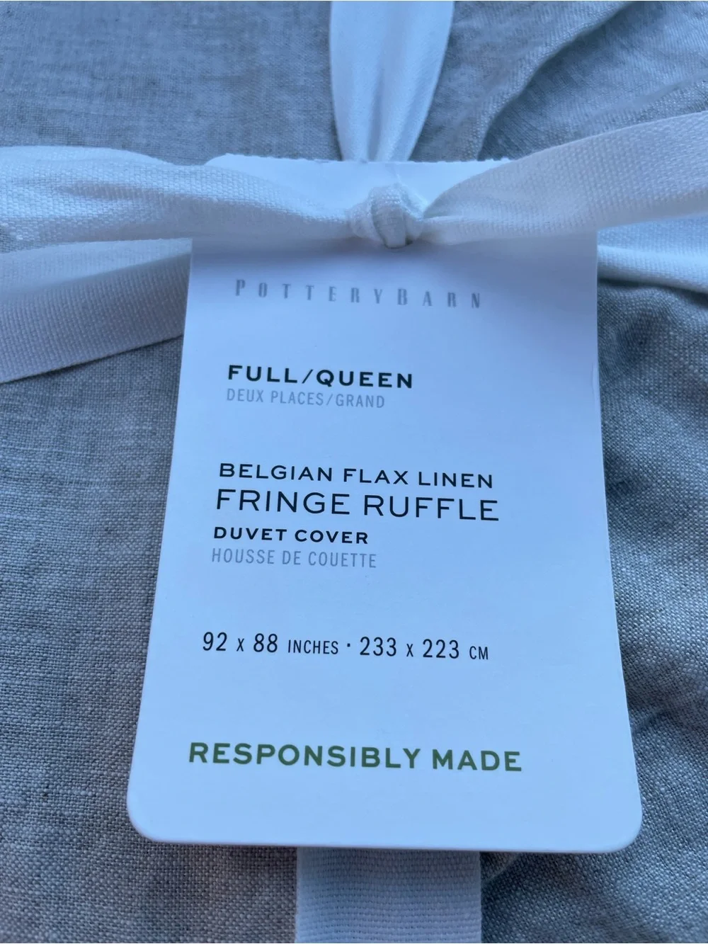 POTTERY BARN *BELGIAN FLAX RUFFLE LINEN DUVET COVER *FLAX *NWT $299.00 *QUEEN